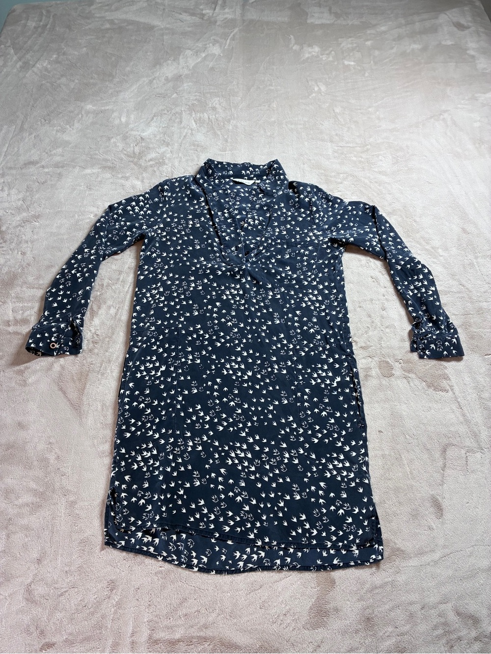 Tylho Anthropologie Migration Silk Bird Print Tunic Blouse Dress Navy Women's XS